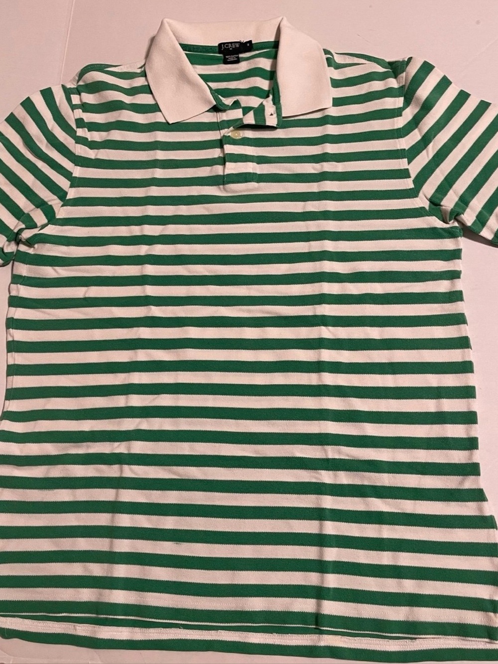 J. Crew Men’s Green & White Striped Polo Shirt. Medium